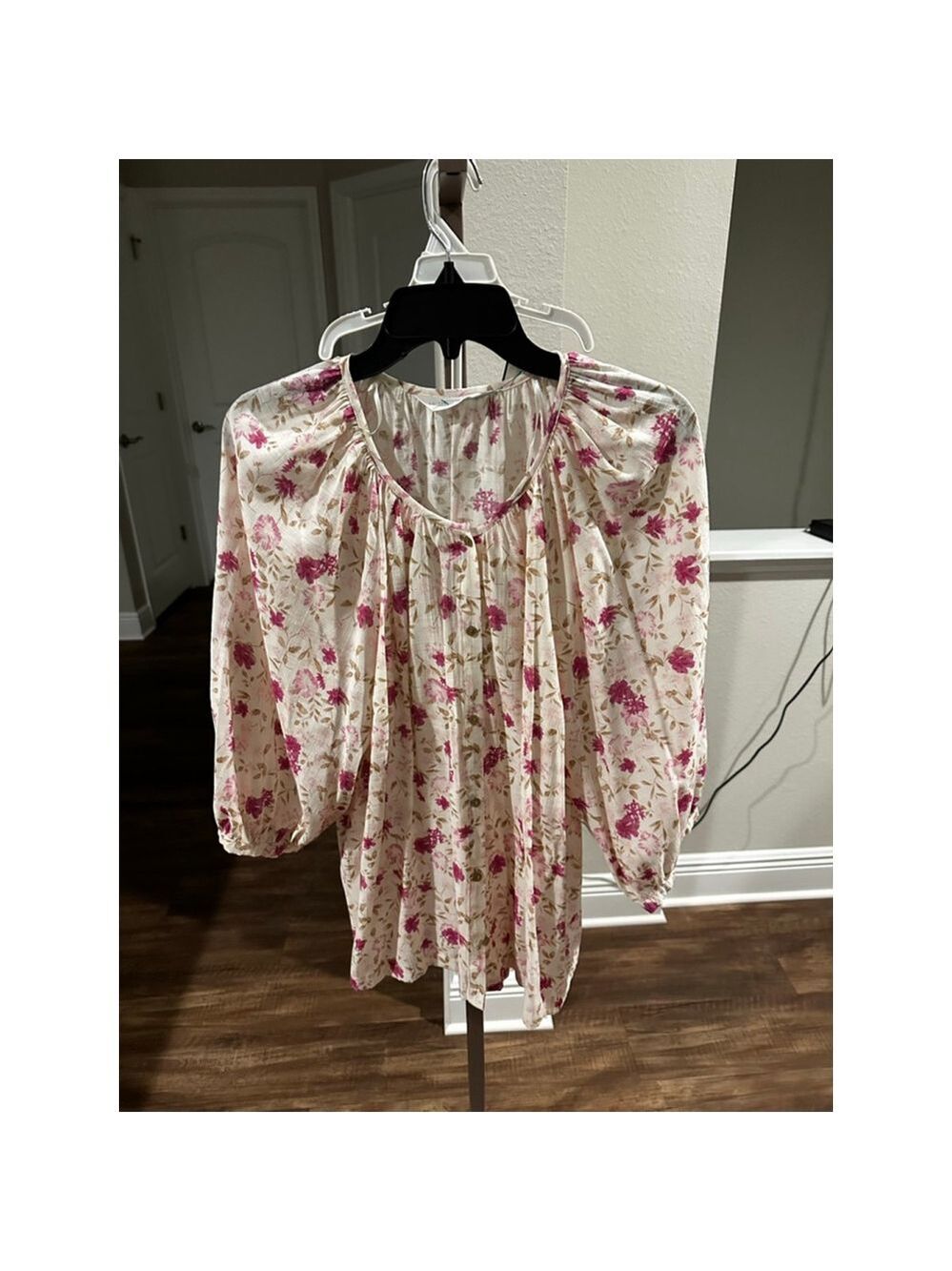 Floral Peasant Blouse - Cream with Pink Rose Print